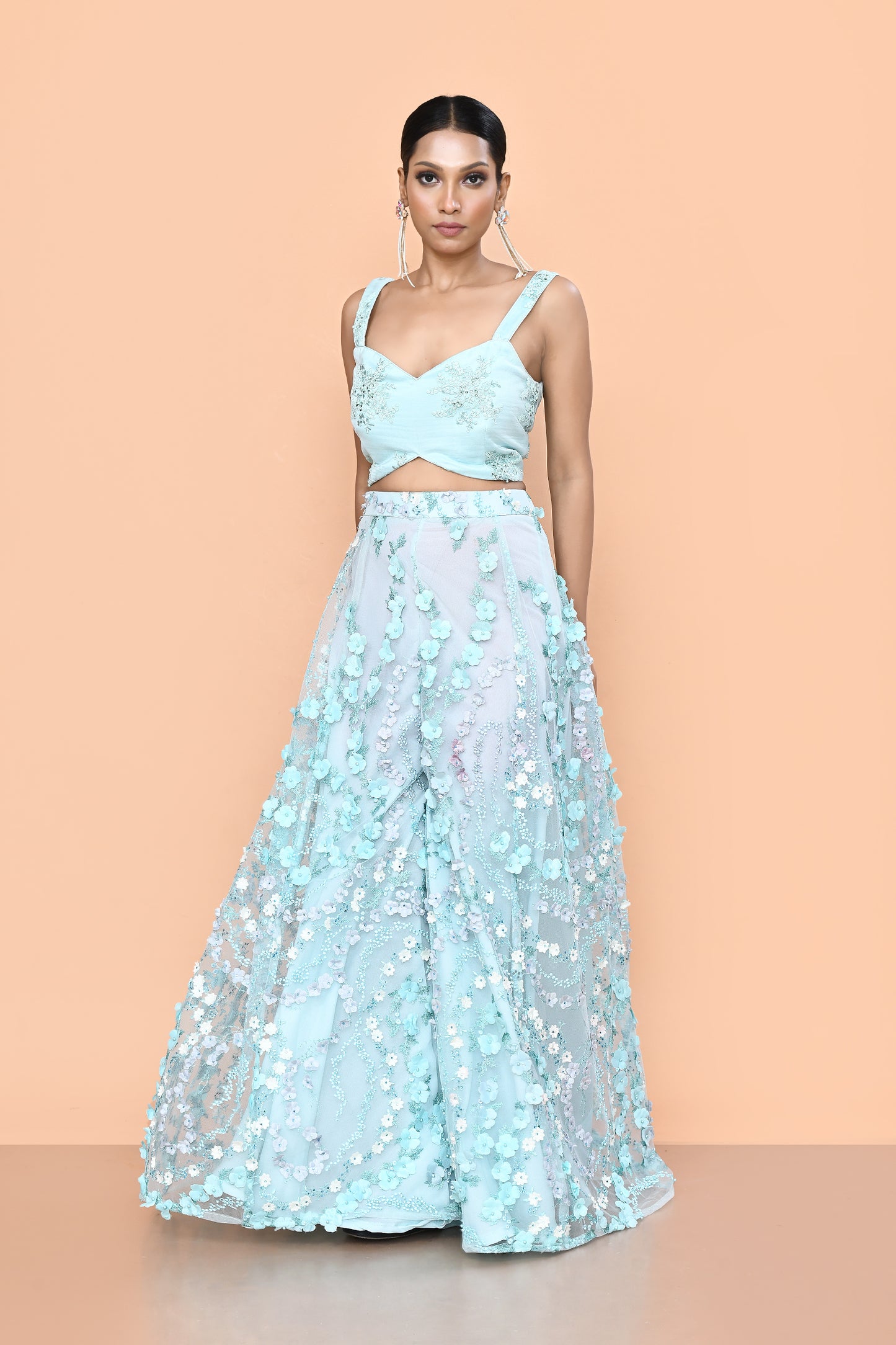 Designer Wear Sky Blue Net Palazzo & Crop Top Set