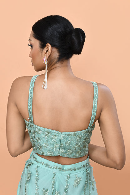 Designer Wear Sea Green Net Embroidered Lehenga Set