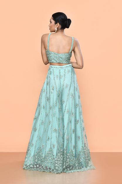 Designer Wear Sea Green Net Embroidered Lehenga Set