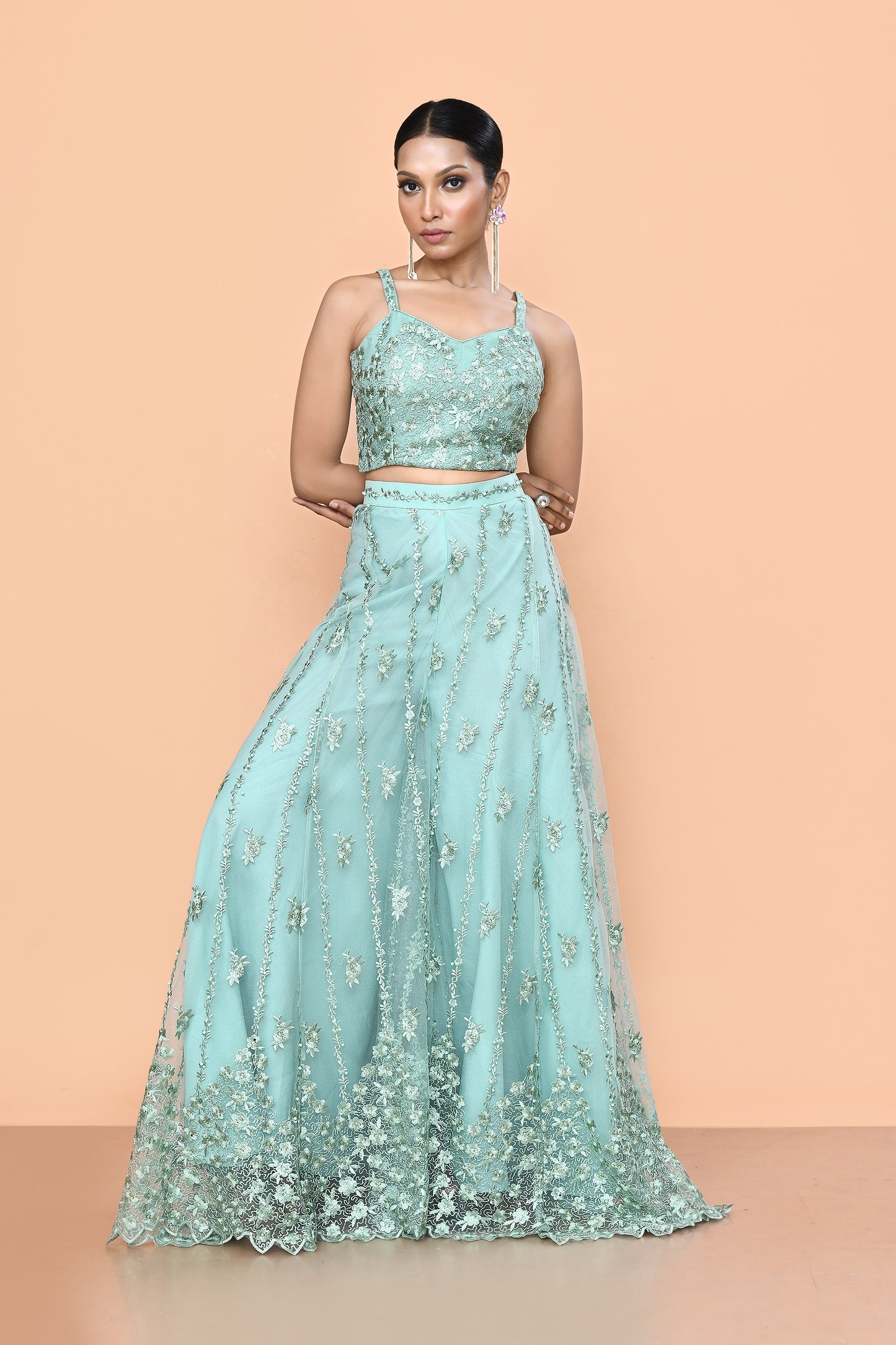 Designer Wear Sea Green Net Embroidered Lehenga Set