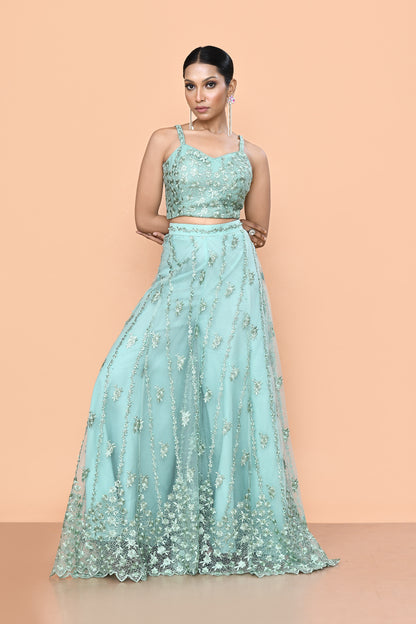 Designer Wear Sea Green Net Embroidered Lehenga Set