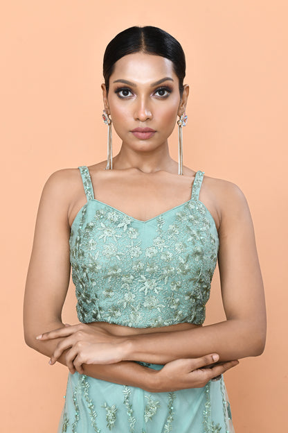 Designer Wear Sea Green Net Embroidered Lehenga Set