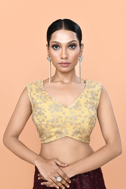 Designer Wear Maroon Net Palazzo With Golden Crop Top Set