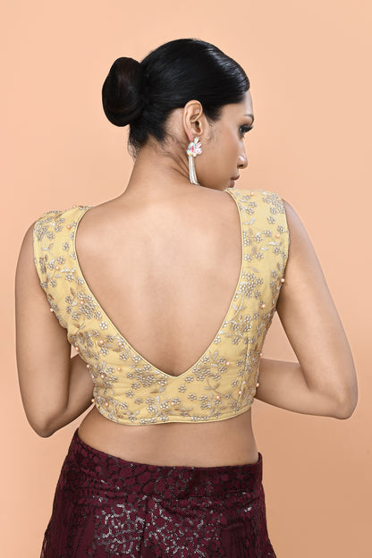 Designer Wear Maroon Net Palazzo With Golden Crop Top Set