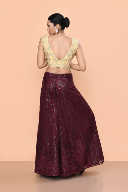 Designer Wear Maroon Net Palazzo With Golden Crop Top Set