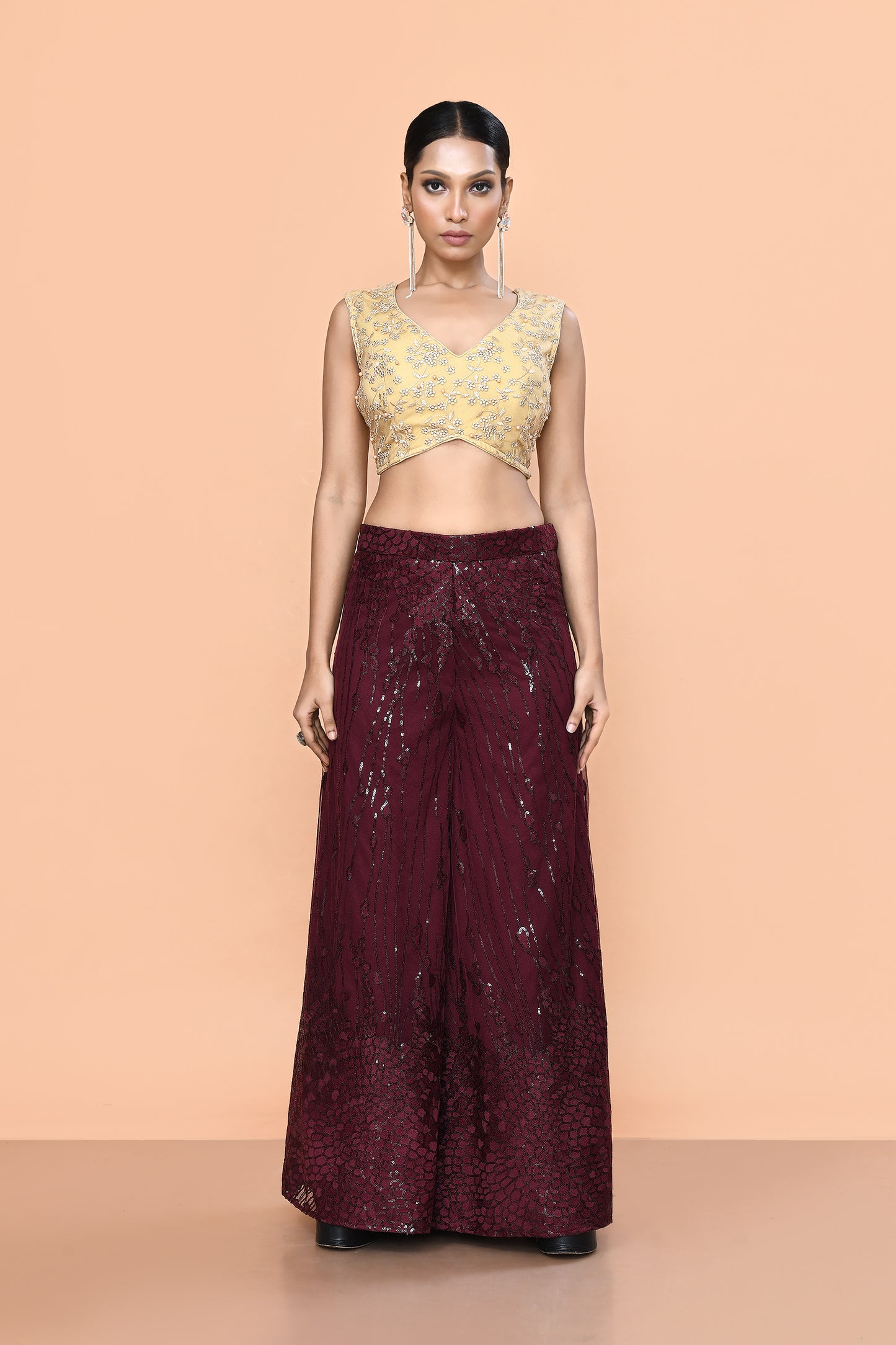 Designer Wear Maroon Net Palazzo With Golden Crop Top Set