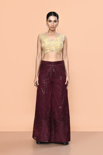 Designer Wear Maroon Net Palazzo With Golden Crop Top Set