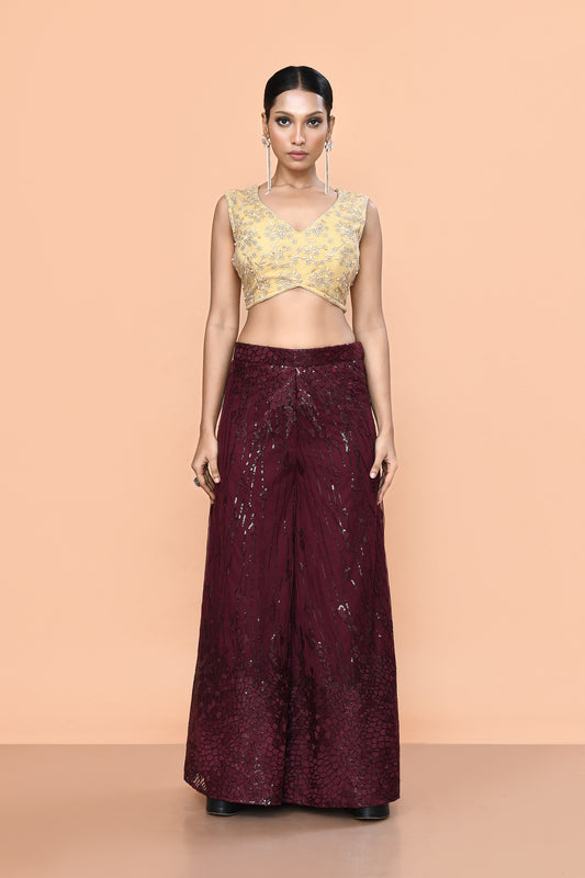 Designer Wear Maroon Net Palazzo With Golden Crop Top Set