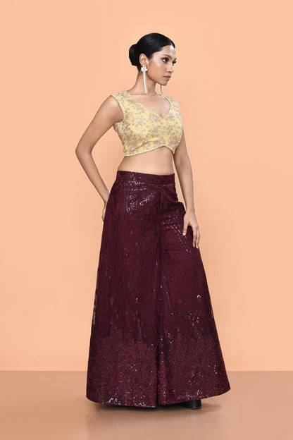 Designer Wear Maroon Net Palazzo With Golden Crop Top Set