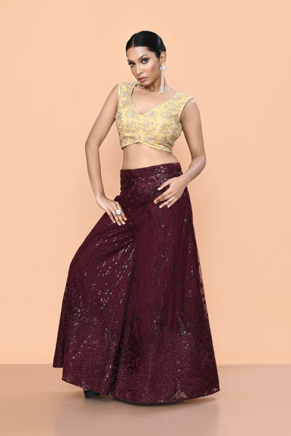 Designer Wear Maroon Net Palazzo With Golden Crop Top Set