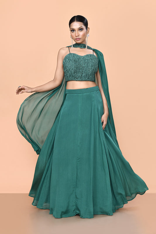Designer Wear Green Chinon Chiffon Lehenga Set
