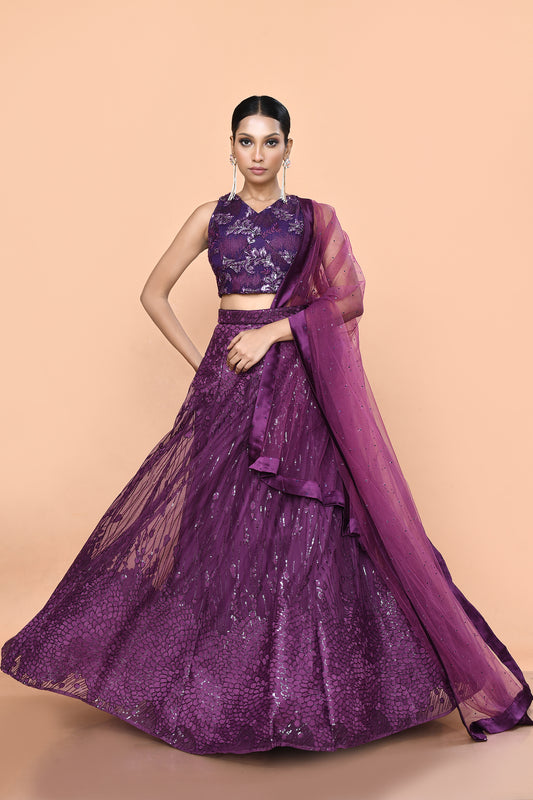 Designer Wear Purple Net Lehenga Set