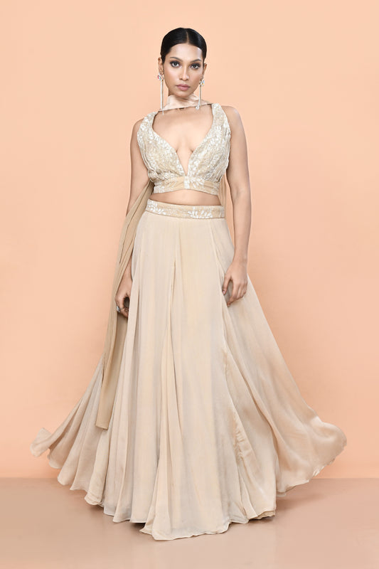 Designer Wear Beige Chinon Chiffon Lehenga Set
