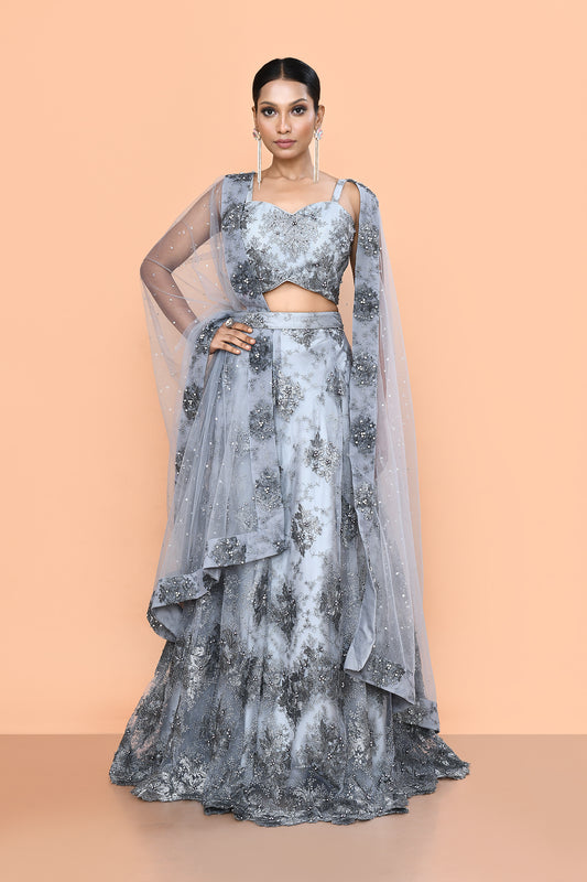Designer Wear Grey Net Lehenga Set