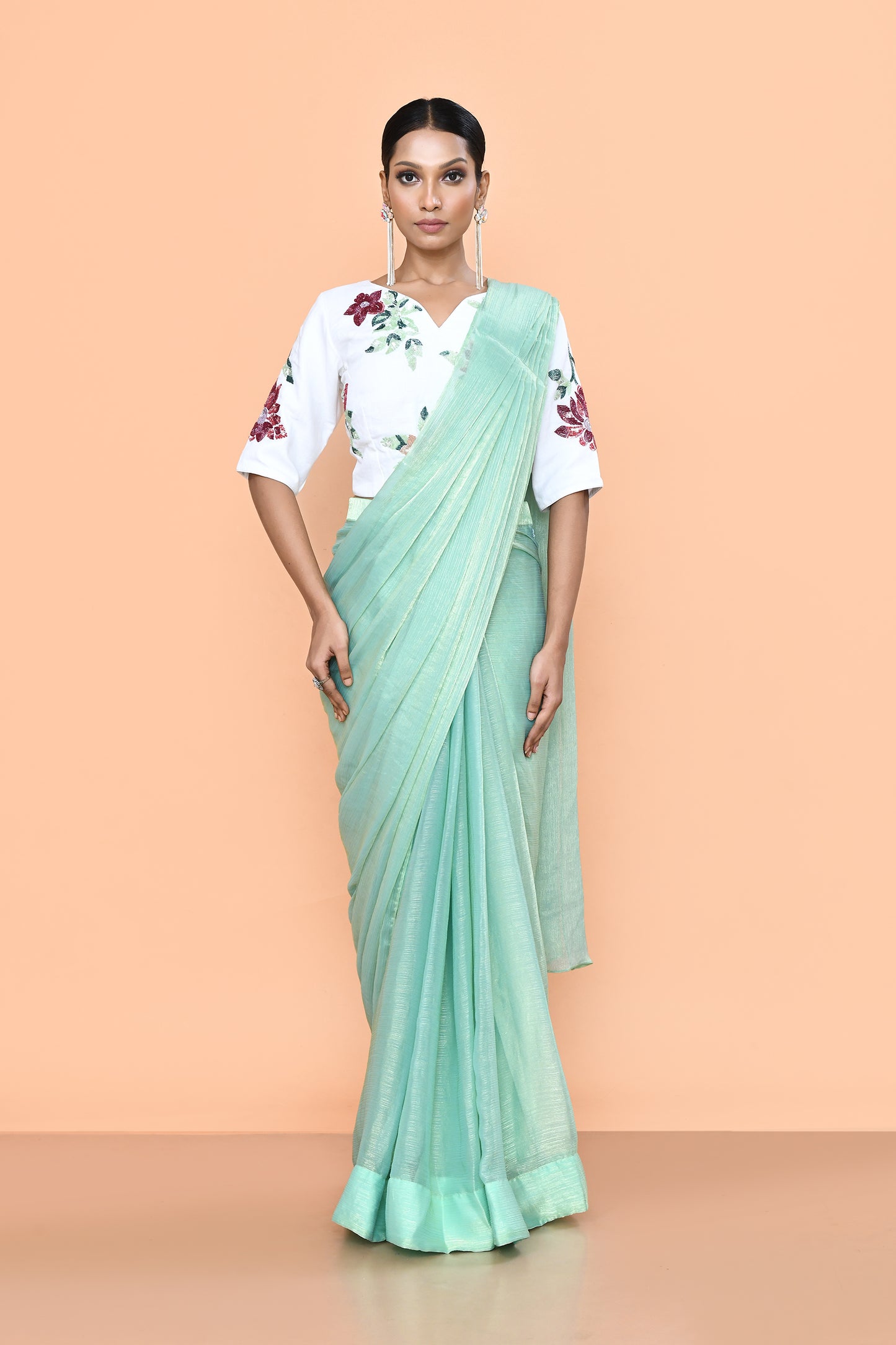 Designer Wear Mint Green Drape Saree