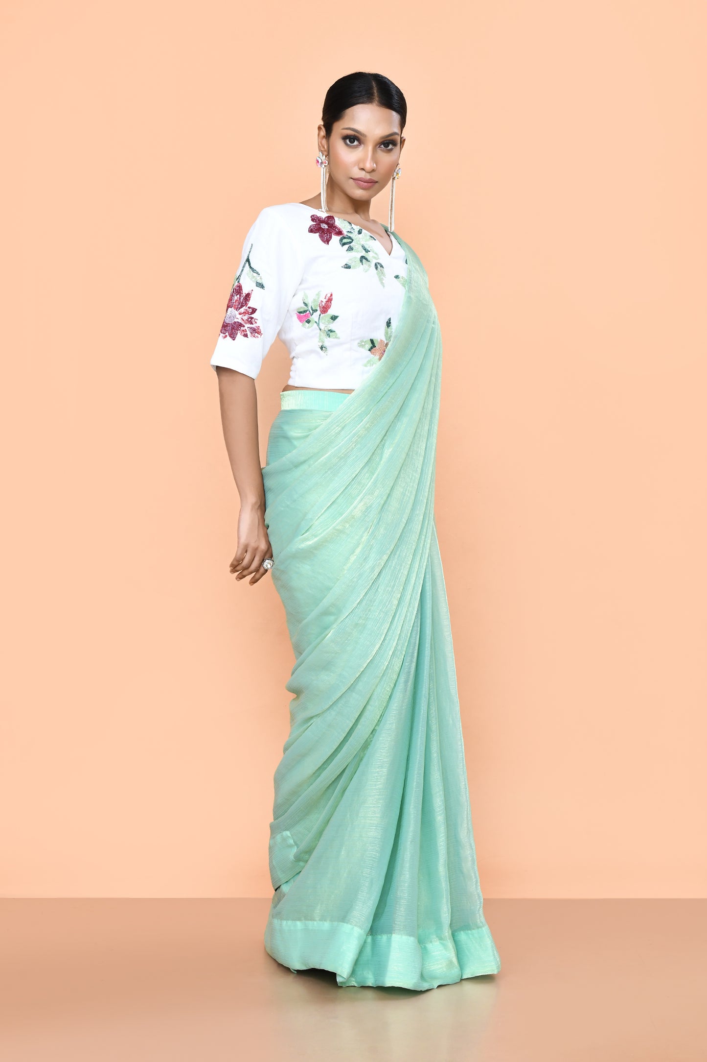 Designer Wear Mint Green Drape Saree