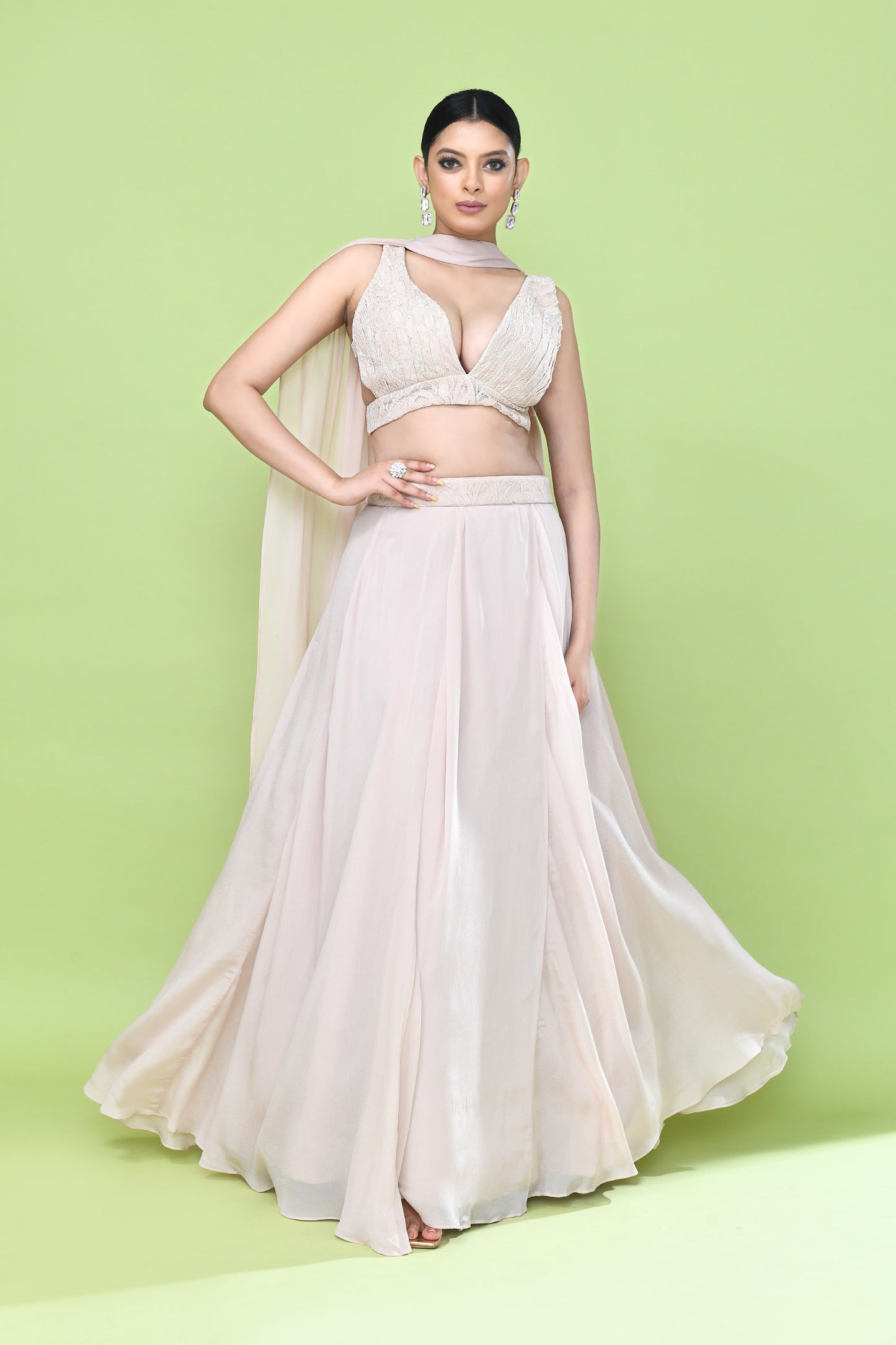 Designer Wear Peach Chinon Chiffon Lehenga Set