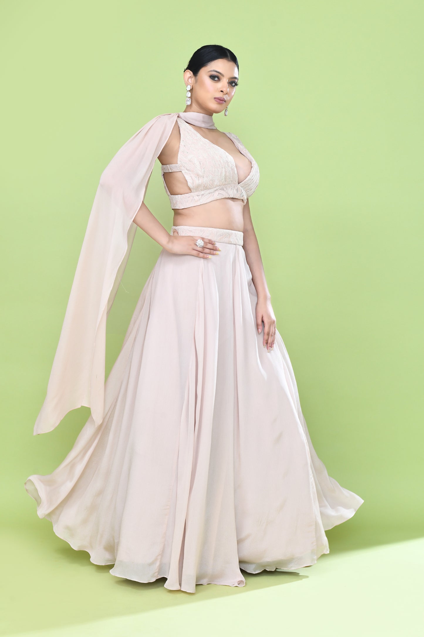 Designer Wear Peach Chinon Chiffon Lehenga Set