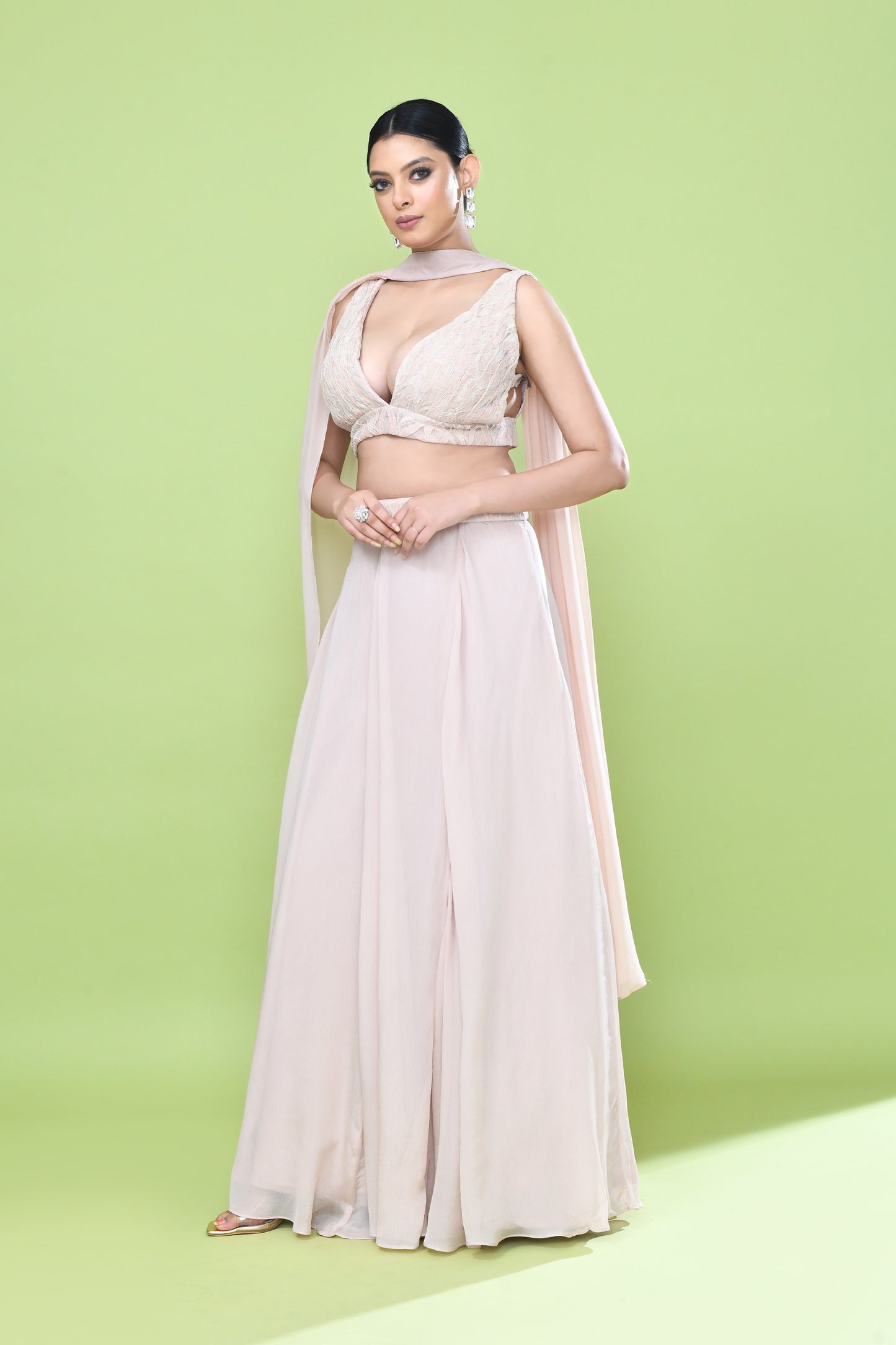 Designer Wear Peach Chinon Chiffon Lehenga Set