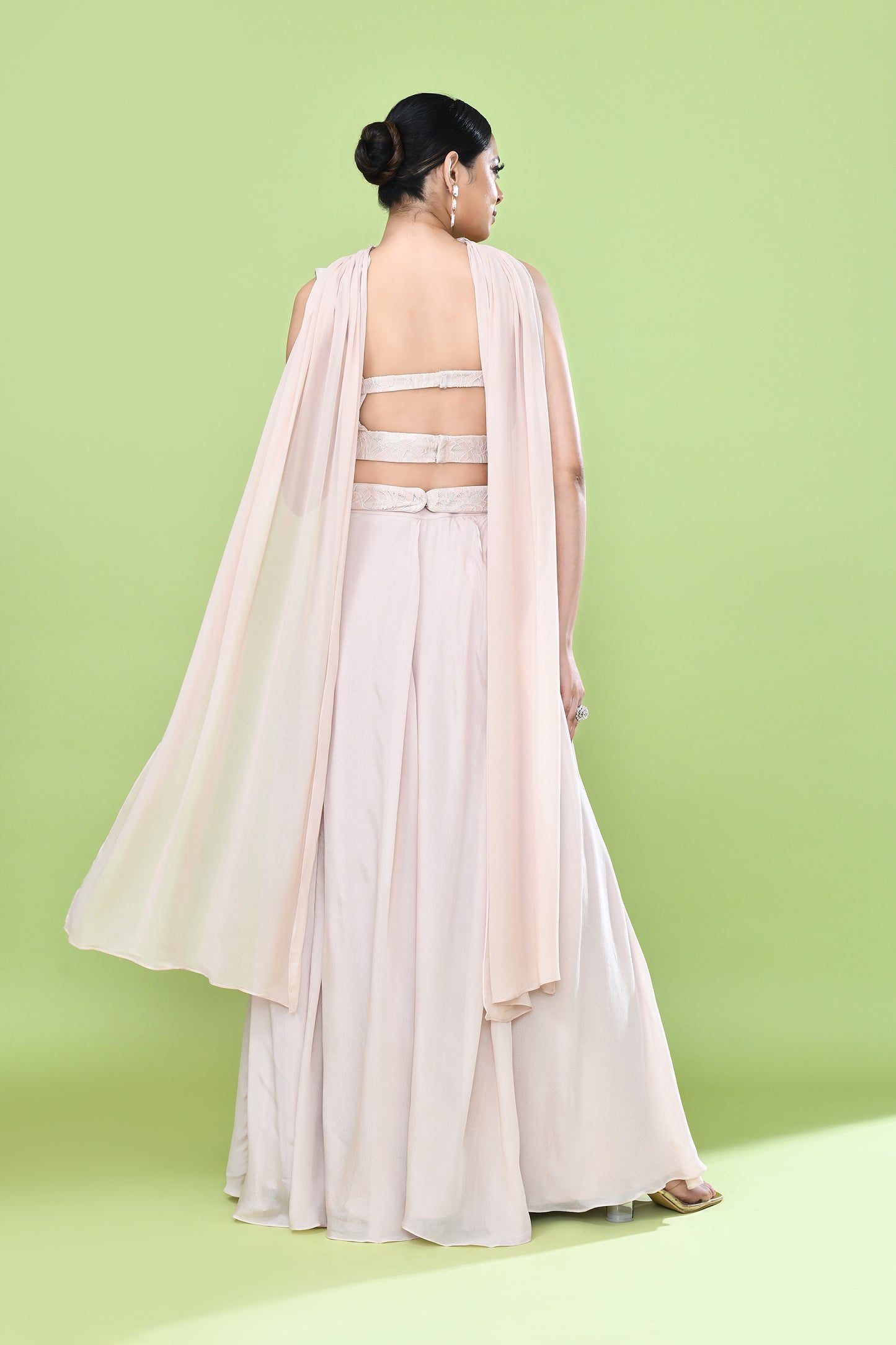 Designer Wear Peach Chinon Chiffon Lehenga Set