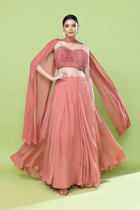 Designer Wear Coral Pink Chinon Chiffon Lehenga Set