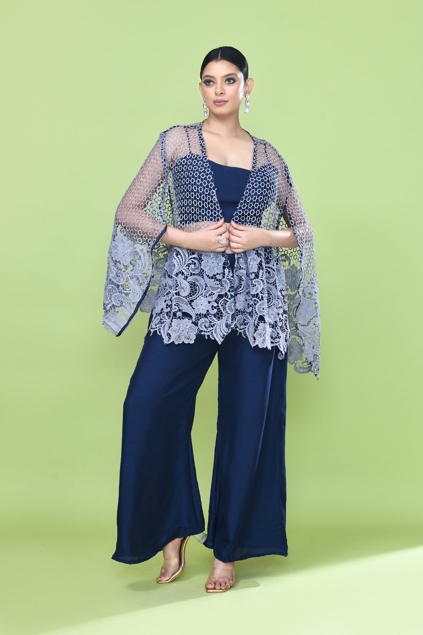 Designer Wear Navy Blue Palazzo Set with an Embellished Jacket