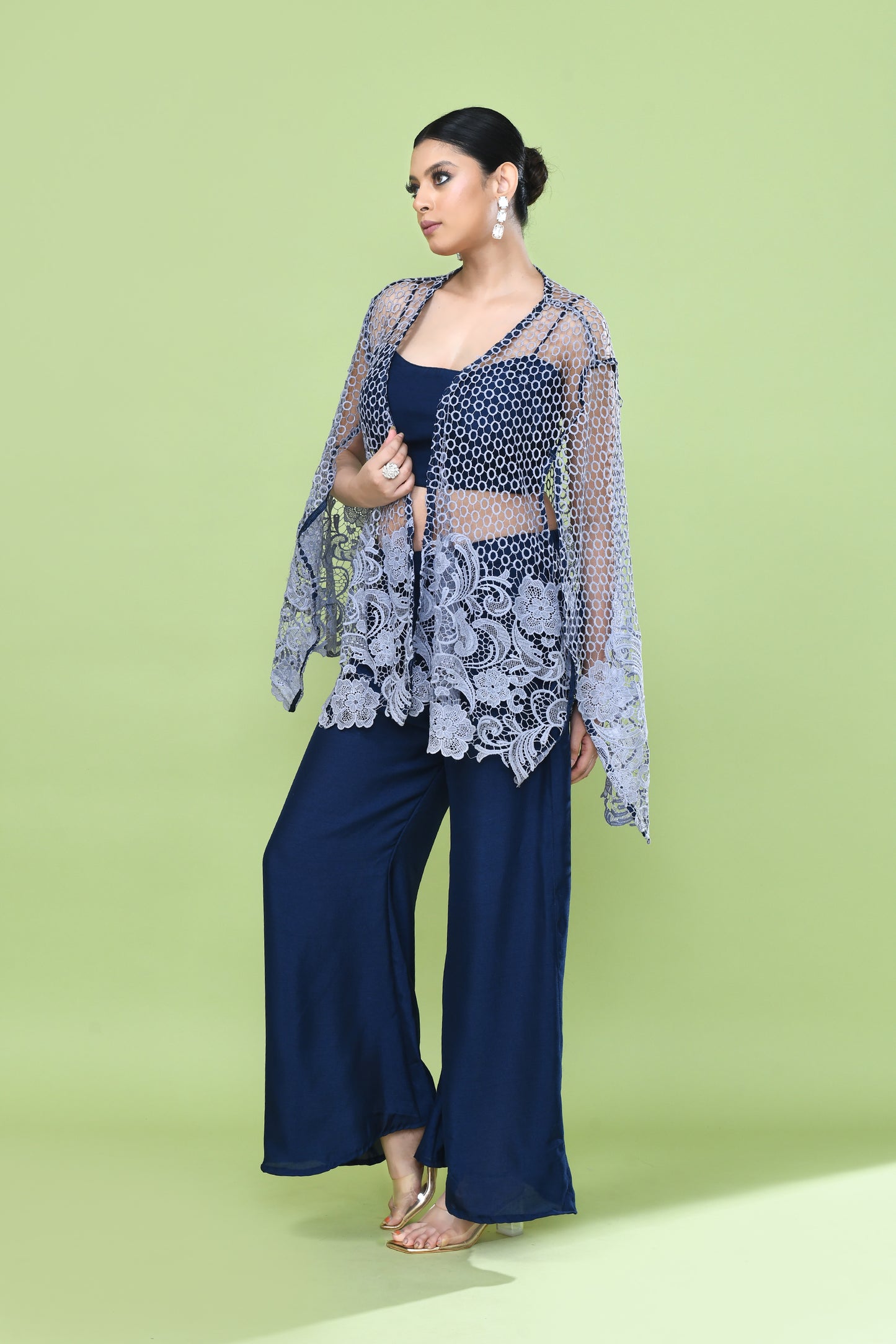 Designer Wear Navy Blue Palazzo Set with an Embellished Jacket
