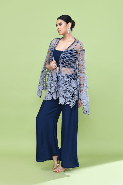 Designer Wear Navy Blue Palazzo Set with an Embellished Jacket