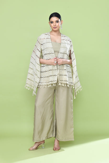 Designer Wear Sage Green Palazzo Set with an Cream Embellished Jacket