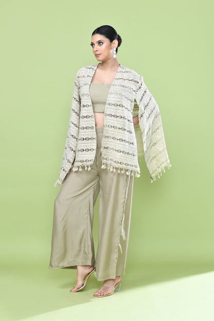 Designer Wear Sage Green Palazzo Set with an Cream Embellished Jacket