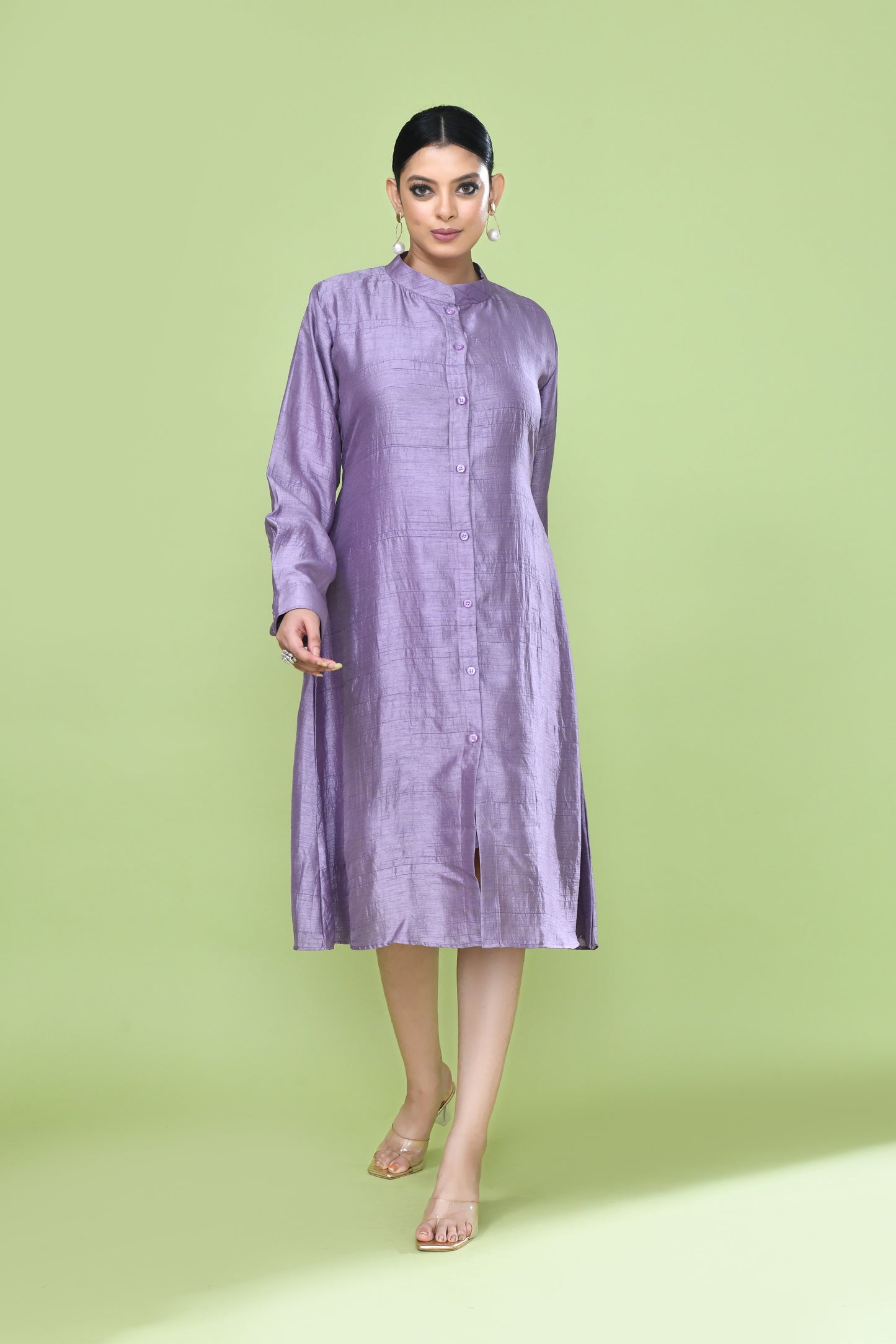 Designer Wear Lavender Silk Co-Ord Set Featuring Sleeveless Inner and Long Shirt Jacket