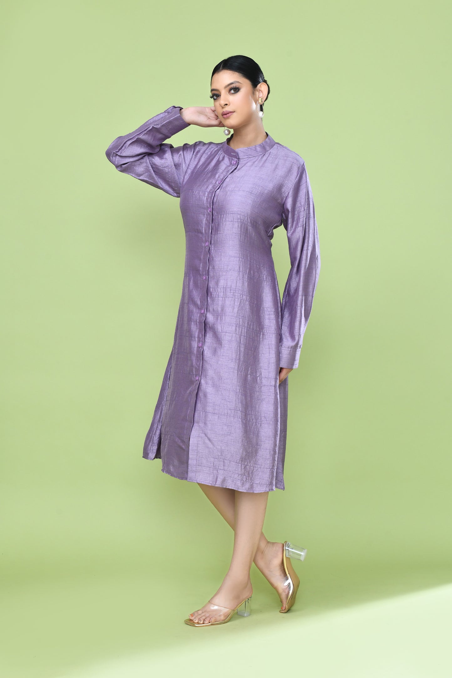 Designer Wear Lavender Silk Co-Ord Set Featuring Sleeveless Inner and Long Shirt Jacket