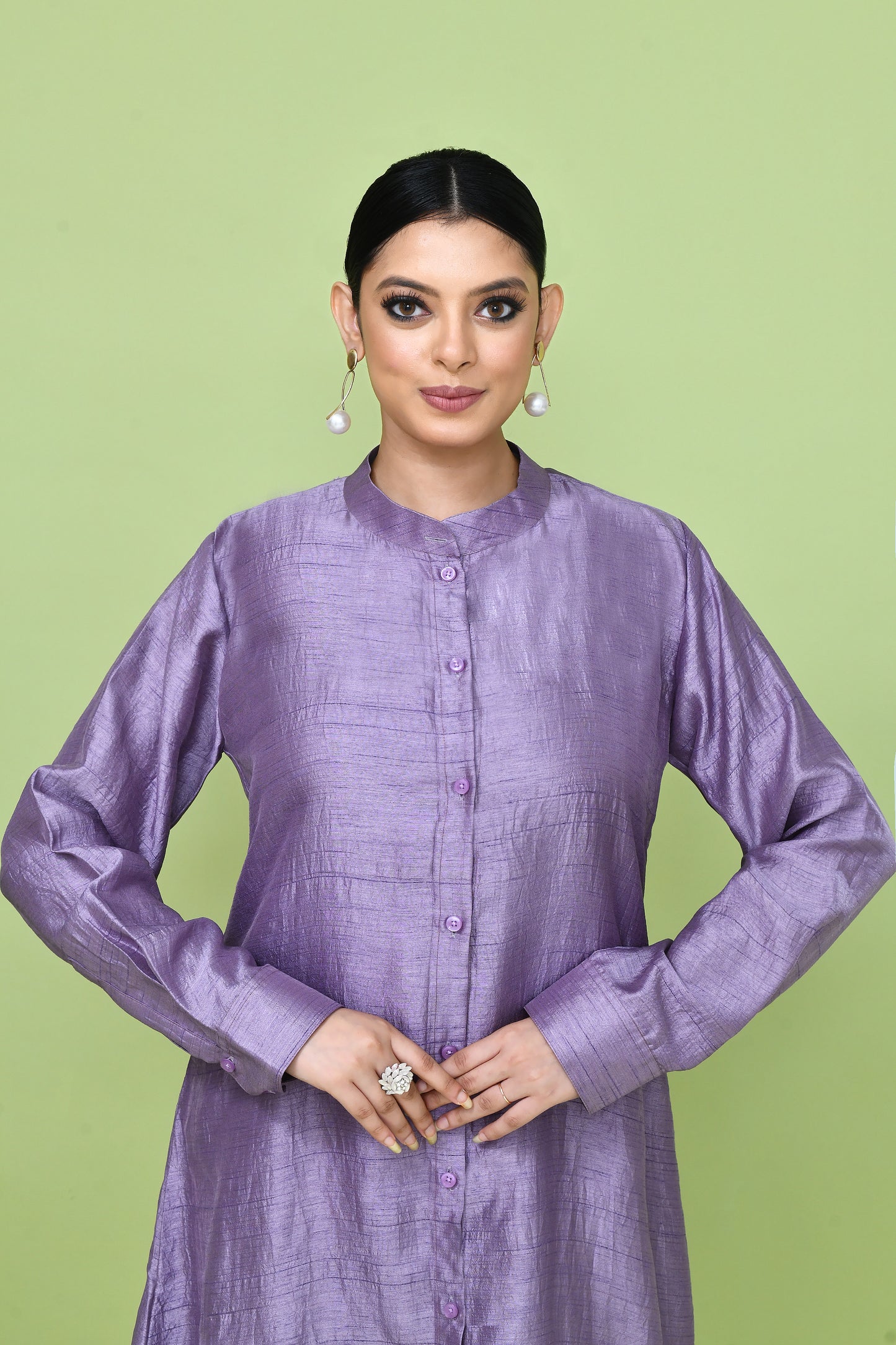 Designer Wear Lavender Silk Co-Ord Set Featuring Sleeveless Inner and Long Shirt Jacket