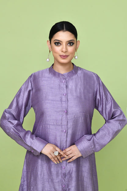 Designer Wear Lavender Silk Co-Ord Set Featuring Sleeveless Inner and Long Shirt Jacket