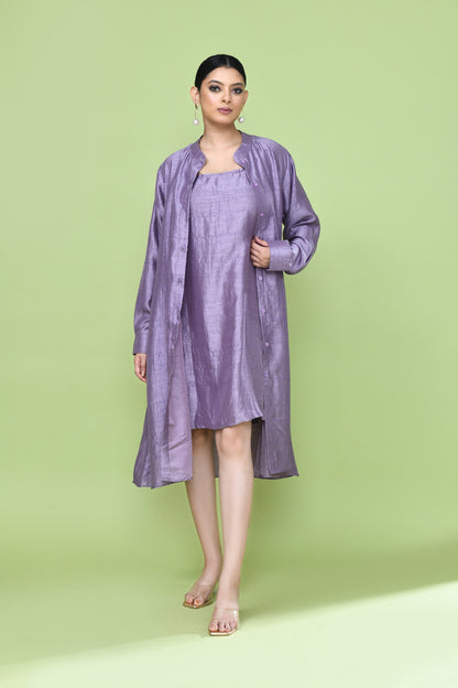 Designer Wear Lavender Silk Co-Ord Set Featuring Sleeveless Inner and Long Shirt Jacket