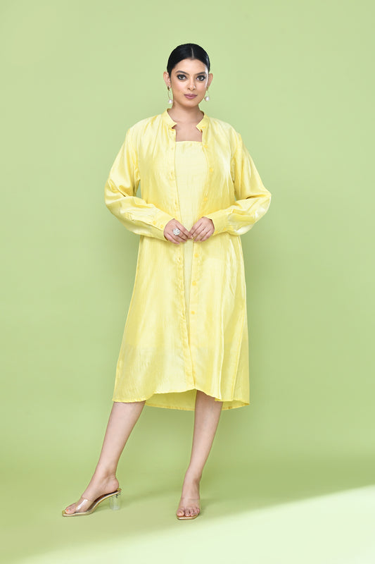 Designer Wear Yellow Silk Co-Ord Set Featuring Sleeveless Inner and Long Shirt Jacket