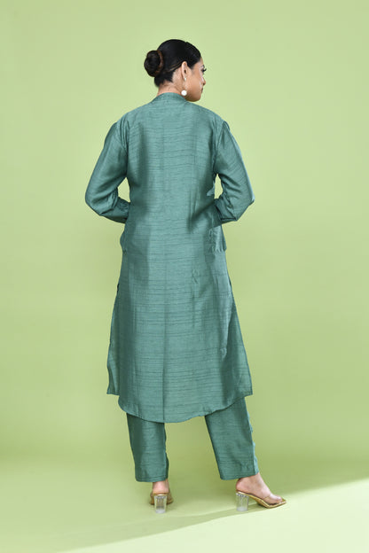 Designer Wear Teal Green Silk Kurta and Pants Co-Ord Set for Women