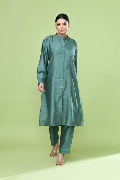 Designer Wear Teal Green Silk Kurta and Pants Co-Ord Set for Women