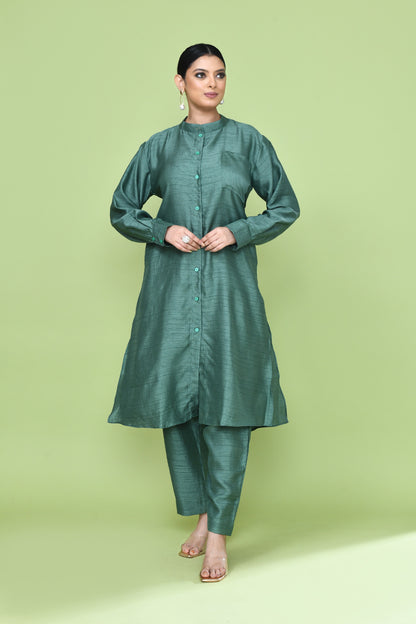 Designer Wear Teal Green Silk Kurta and Pants Co-Ord Set for Women