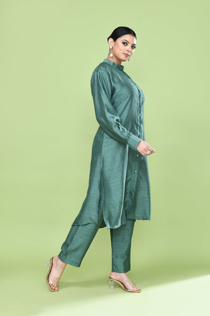 Designer Wear Teal Green Silk Kurta and Pants Co-Ord Set for Women