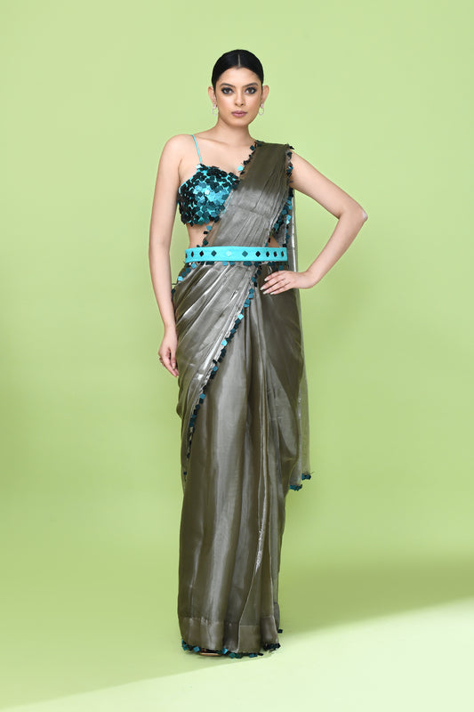 Designer Wear Grey Glass Organza Drape Saree