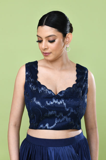 Designer Wear Navy Blue Drape Saree Set