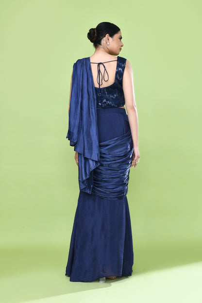 Designer Wear Navy Blue Drape Saree Set