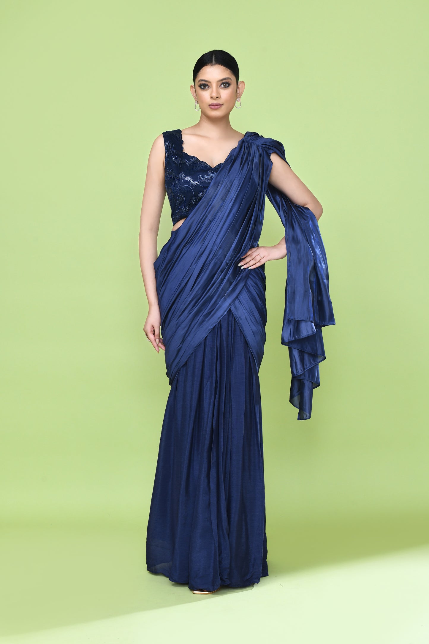 Designer Wear Navy Blue Drape Saree Set