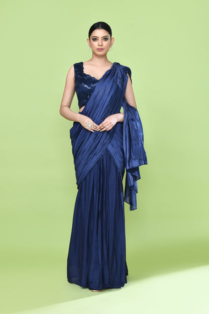 Designer Wear Navy Blue Drape Saree Set