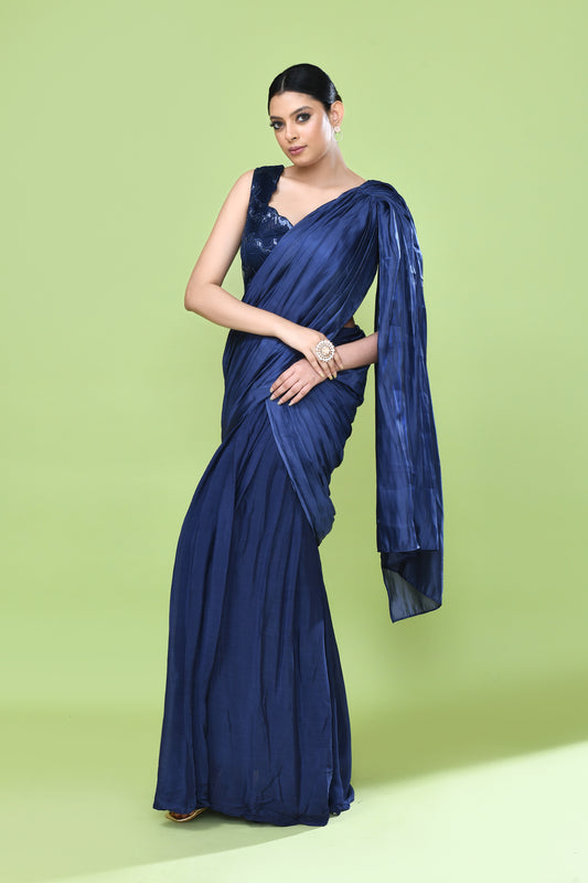 Designer Wear Navy Blue Drape Saree Set