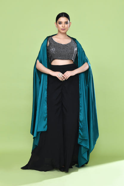 Designer Wear Black & Blue Crop Top & Palazzo Set