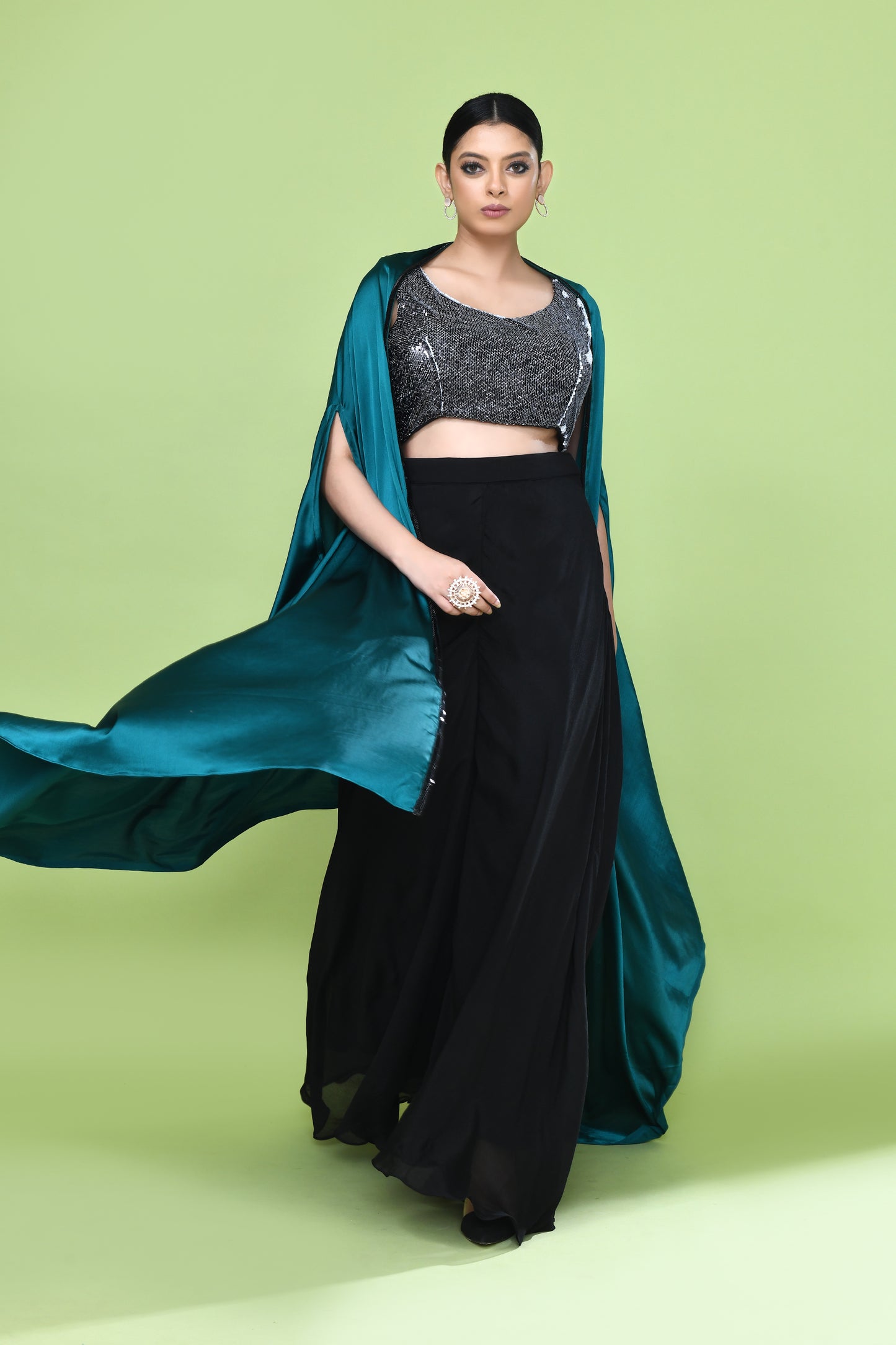 Designer Wear Black & Blue Crop Top & Palazzo Set