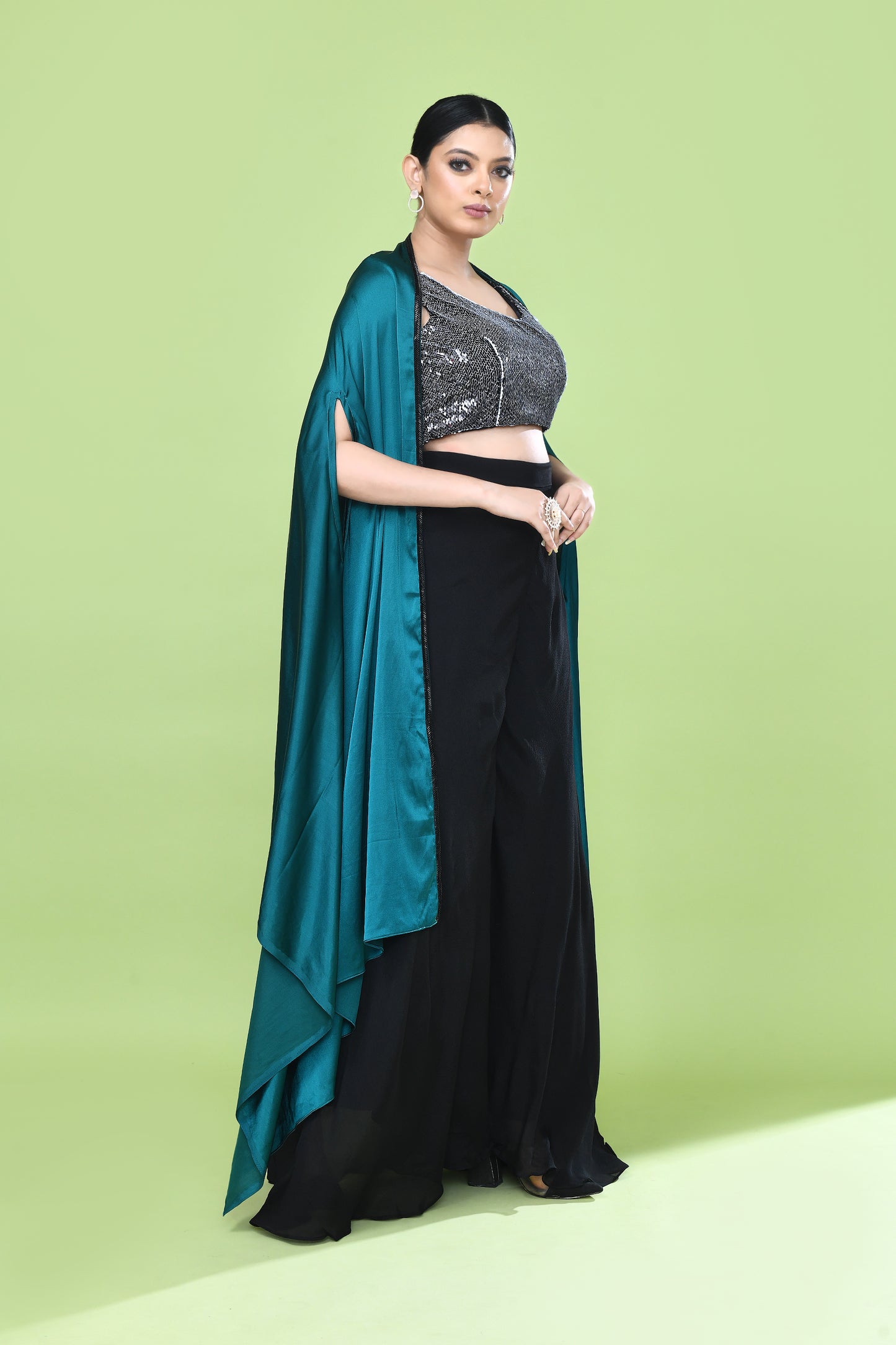 Designer Wear Black & Blue Crop Top & Palazzo Set