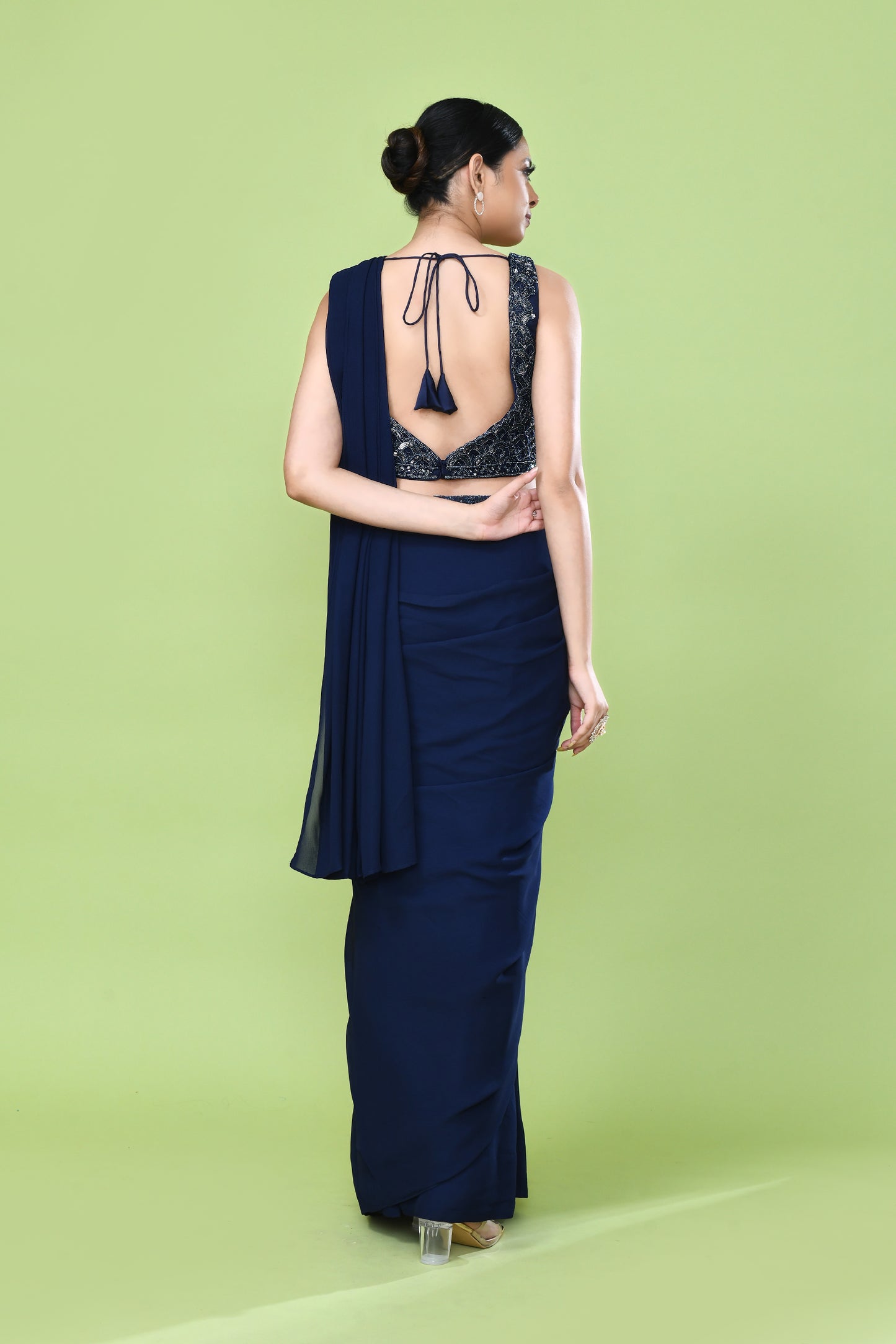 Designer Wear Navy Blue Georgette Drape Saree